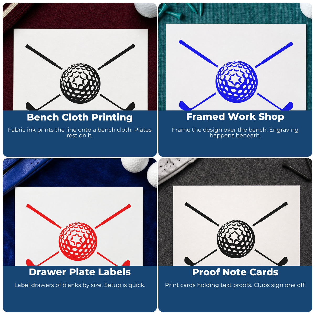 Four ways to use the Vintage Pro Golf Ball With Two Crossed Clubs Premium Wooden Stamp: bench cloth printing, framed work shop, drawer plate labels and proof note cards.
