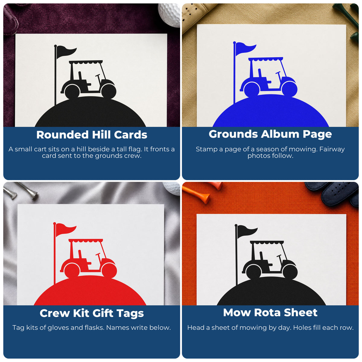 Four ways to use the Golf Cart Hilltop Flag Scene Self-Inking Stamp: rounded hill cards, grounds album page, crew kit gift tags and mow rota sheet.