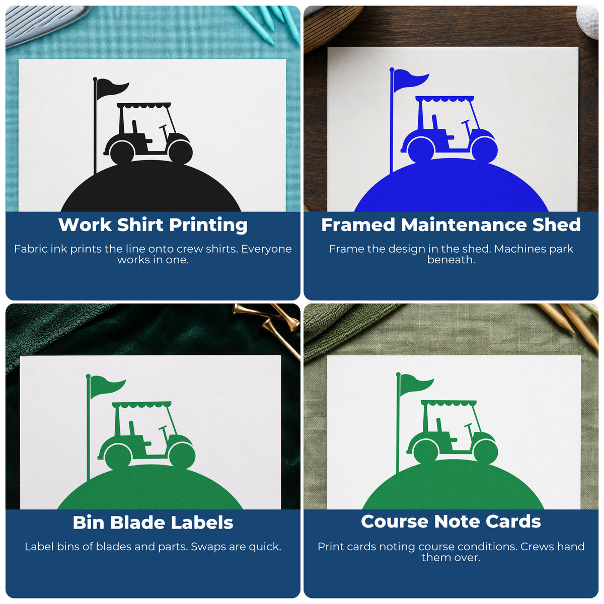 Four ways to use the Golf Cart Hilltop Flag Scene Self-Inking Stamp: work shirt printing, framed maintenance shed, bin blade labels and course note cards.