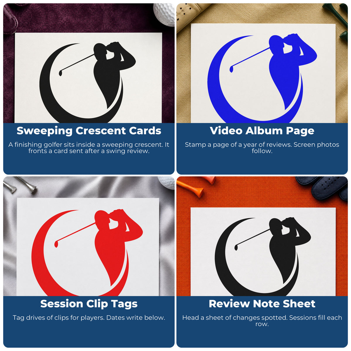 Four ways to use the Golf Swing In A Crescent Frame PSI Pre-Inked Stamp: sweeping crescent cards, video album page, session clip tags and review note sheet.