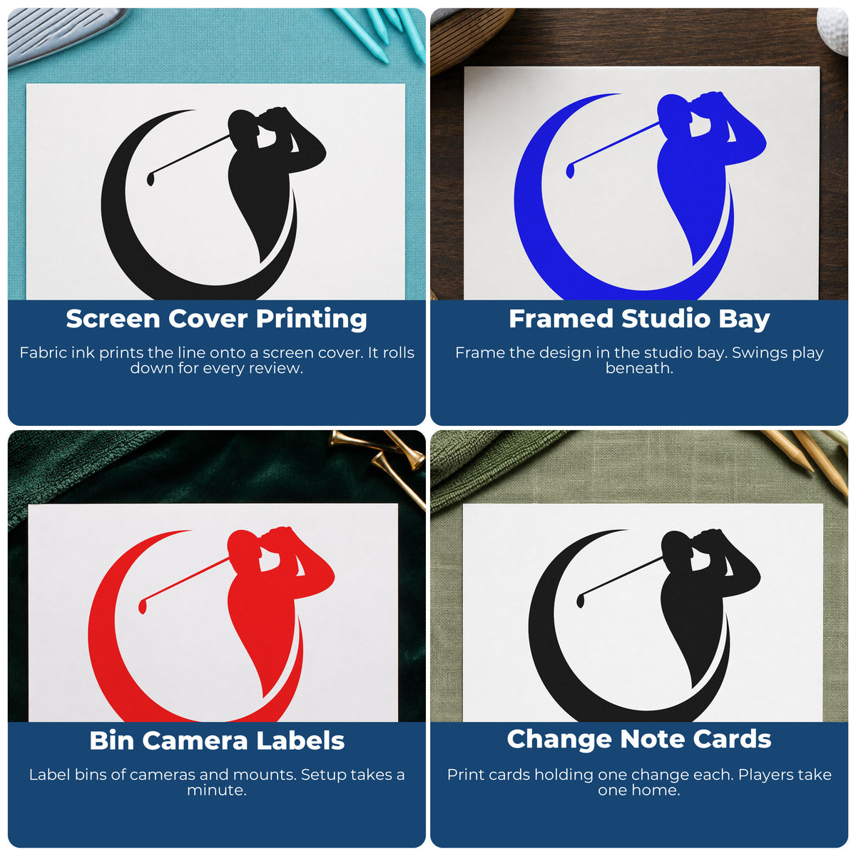 Four ways to use the Golf Swing In A Crescent Frame Self-Inking Stamp: screen cover printing, framed studio bay, bin camera labels and change note cards.