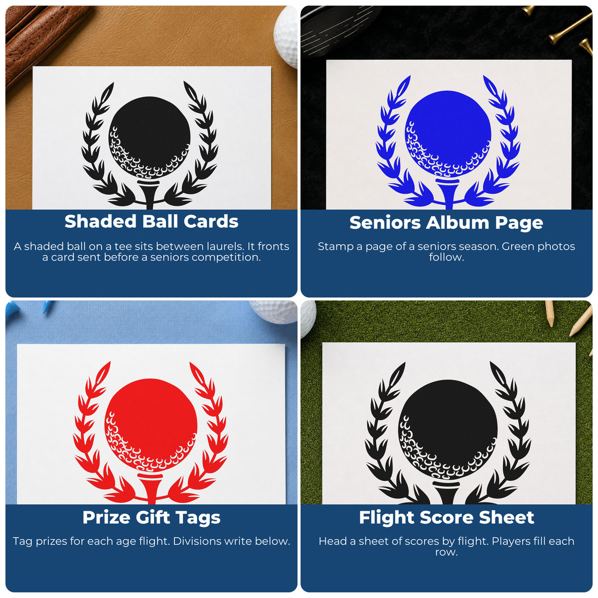 Four ways to use the Golf Ball Tee Laurel Leaf Accents Slim Pre-Inked Stamp: shaded ball cards, seniors album page, prize gift tags and flight score sheet.