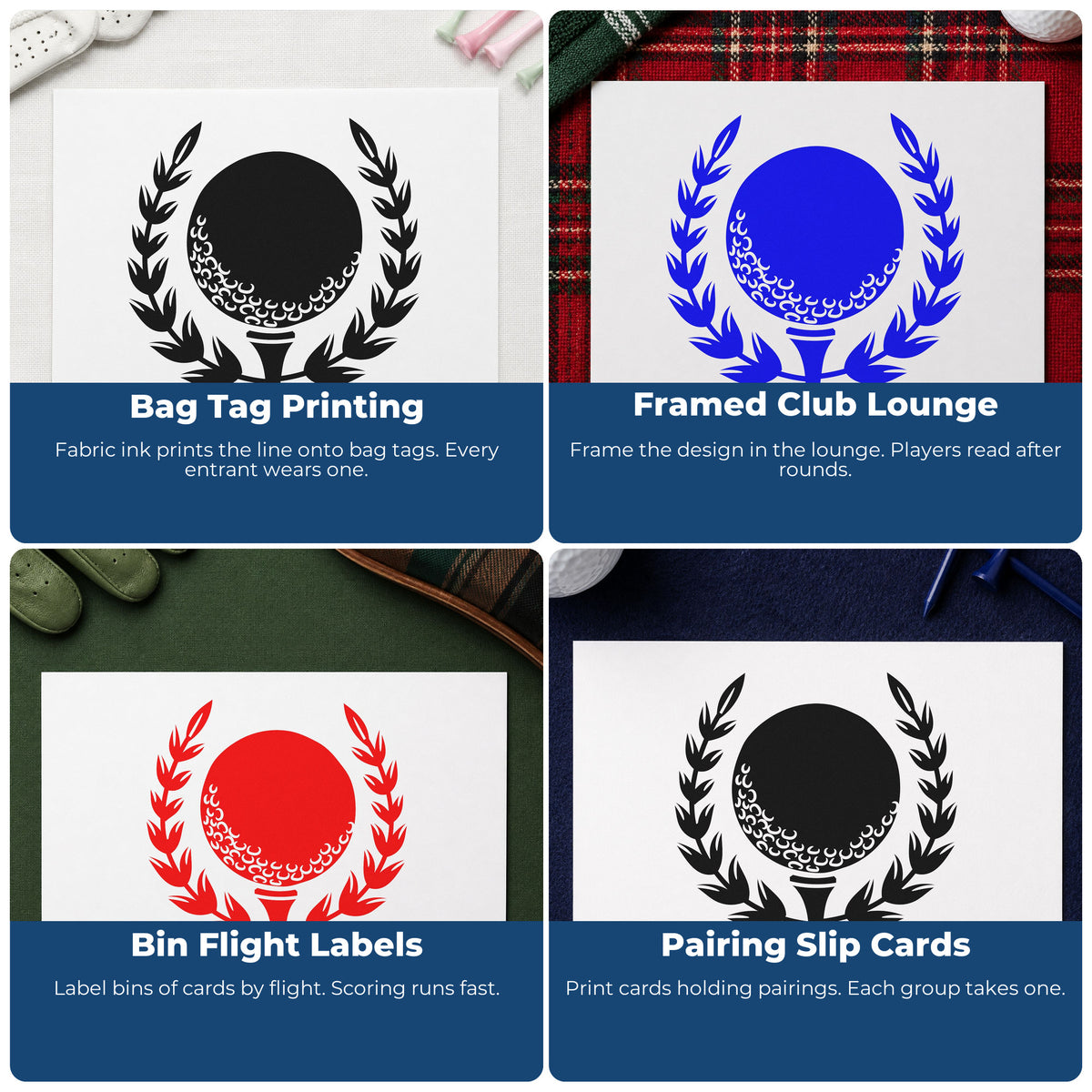 Four ways to use the Golf Ball Tee Laurel Leaf Accents Stamp – Duo Hand: bag tag printing, framed club lounge, bin flight labels and pairing slip cards.