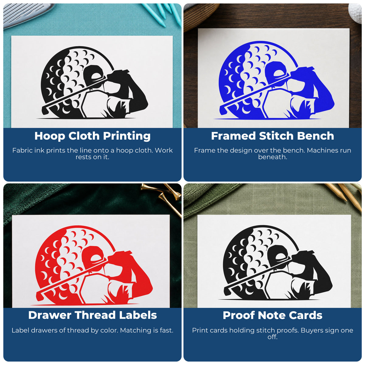 Four ways to use the Golfer Ball Blank Lines Wood Handle Stamp: hoop cloth printing, framed stitch bench, drawer thread labels and proof note cards.