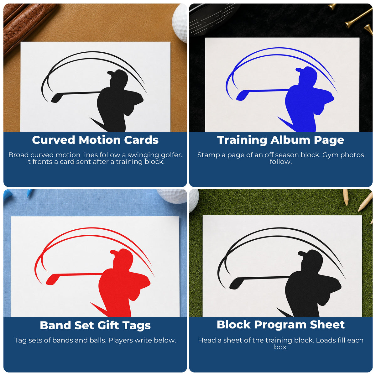 Four ways to use the Golf Follow-Through Motion Arc Stamp – Self-Inking: curved motion cards, training album page, band set gift tags and block program sheet.
