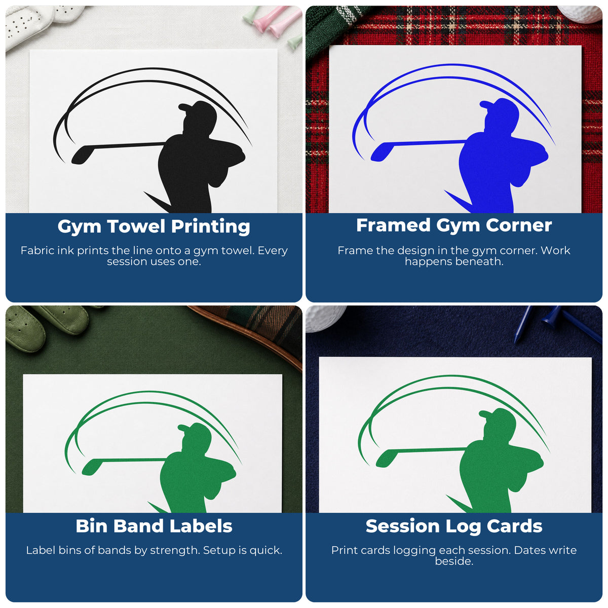 Four ways to use the Golf Follow-Through Motion Arc Stamp – Self-Inking: gym towel printing, framed gym corner, bin band labels and session log cards.