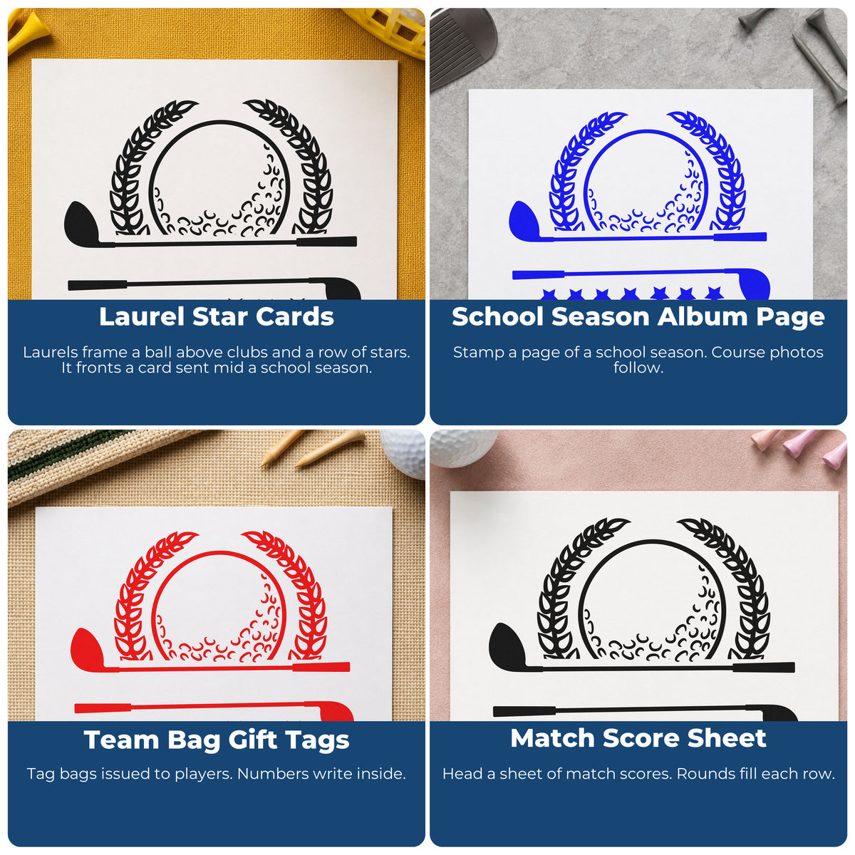 Four ways to use the Golf Laurel Stars Banner Frame Accent Premium Wooden Stamp - Vintage Pro: laurel star cards, school season album page, team bag gift tags and match score sheet.