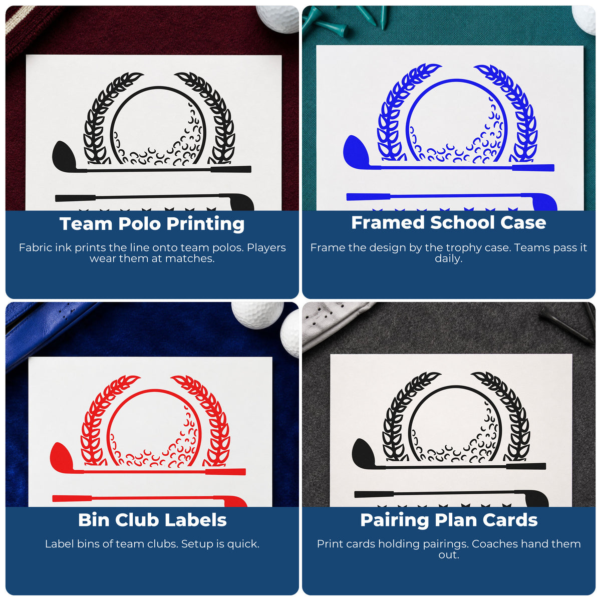 Four ways to use the Golf Laurel Stars Banner Frame Accent Self-Inking Stamp: team polo printing, framed school case, bin club labels and pairing plan cards.
