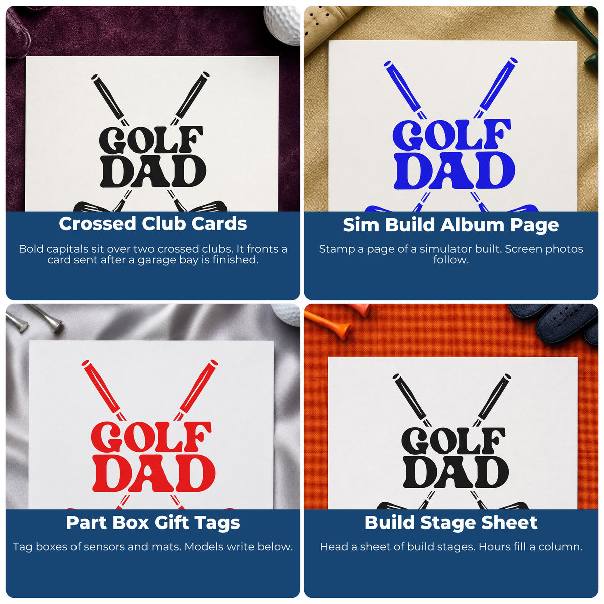 Four ways to use the Golf Dad Crossed Clubs Pre-Inked Stamp – Slim: crossed club cards, sim build album page, part box gift tags and build stage sheet.