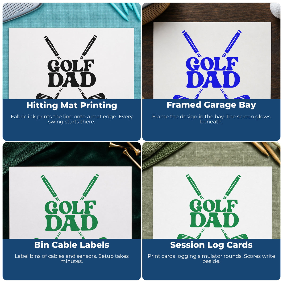 Four ways to use the Golf Dad Crossed Clubs Craft Stamp – Self-Inking: hitting mat printing, framed garage bay, bin cable labels and session log cards.