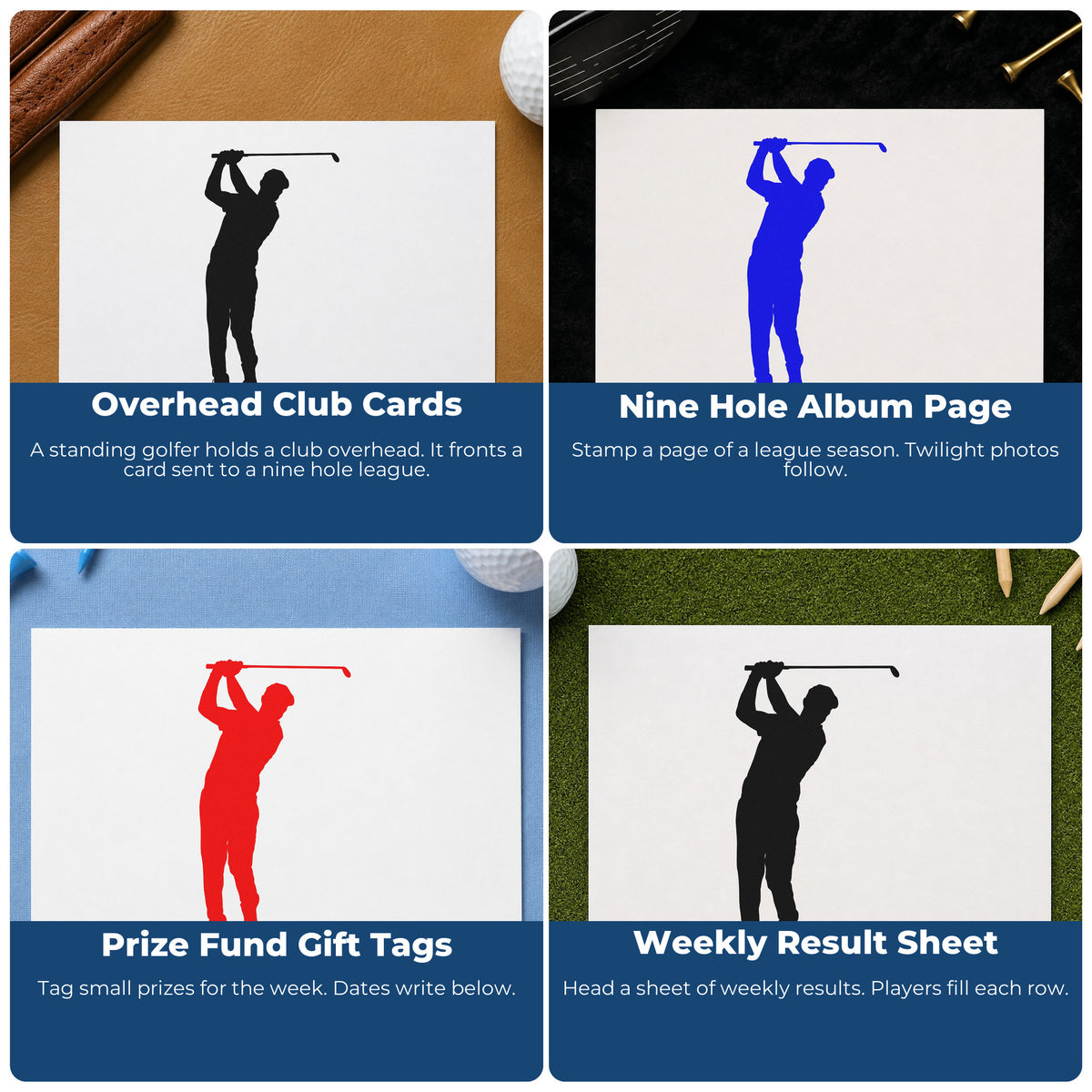 Four ways to use the Golfer Overhead Swing Silhouette Compact Pre-Inked Stamp – Slim: overhead club cards, nine hole album page, prize fund gift tags and weekly result sheet.
