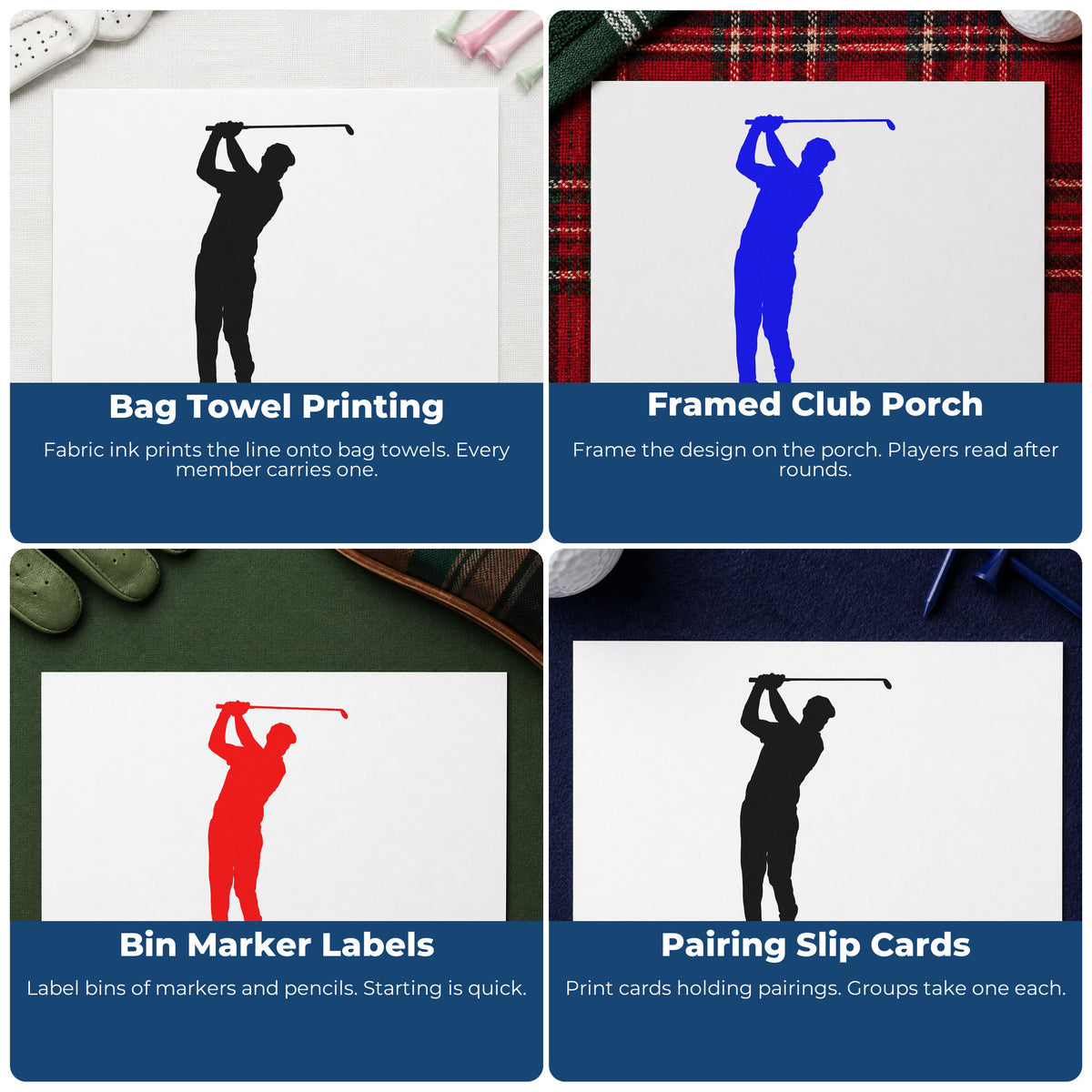 Four ways to use the Golfer Overhead Swing Silhouette Compact Pre-Inked Stamp – Slim: bag towel printing, framed club porch, bin marker labels and pairing slip cards.