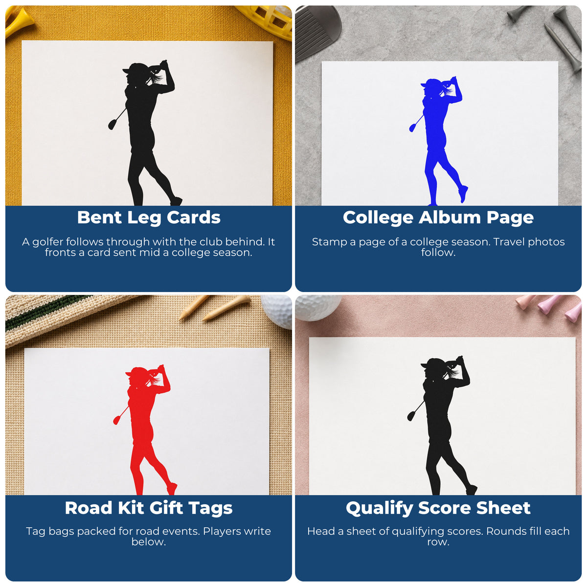 Four ways to use the Golf Follow-Through Bent Leg Pose Premium Wooden Stamp - Vintage Pro: bent leg cards, college album page, road kit gift tags and qualify score sheet.