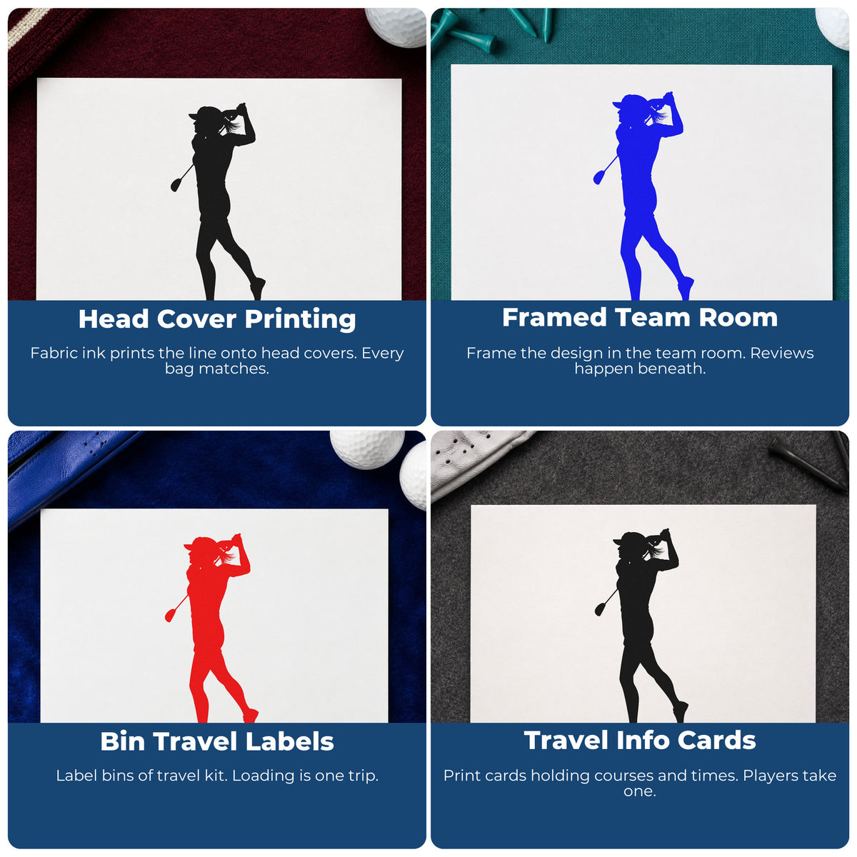 Four ways to use the Golf Follow-Through Bent Leg Pose Stamp – Self-Inking: head cover printing, framed team room, bin travel labels and travel info cards.