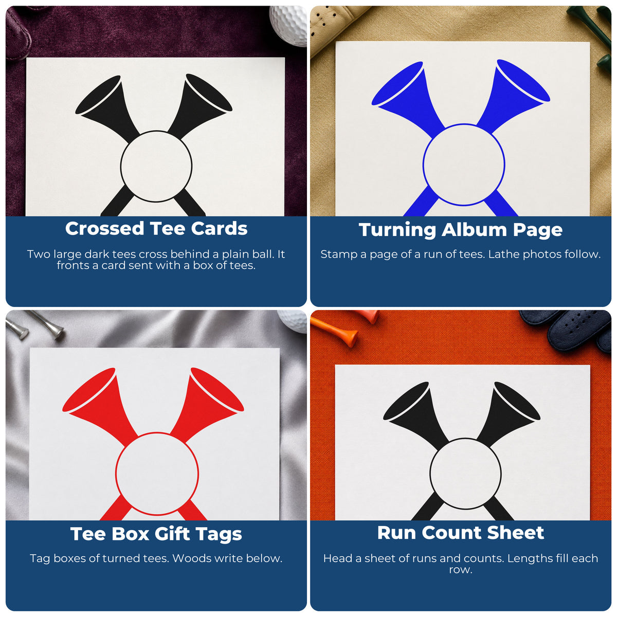Four ways to use the Premium Wooden Crossed Golf Tees Ball Stamp - Vintage Pro: crossed tee cards, turning album page, tee box gift tags and run count sheet.