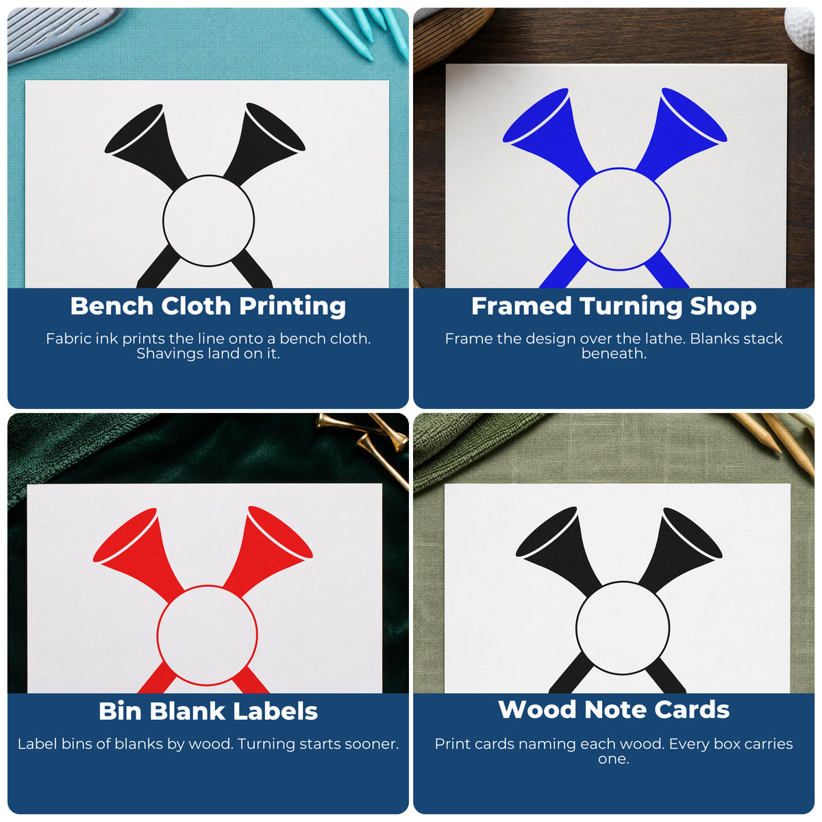 Four ways to use the Slim Pre-Inked Crossed Golf Tees Ball Stamp: bench cloth printing, framed turning shop, bin blank labels and wood note cards.