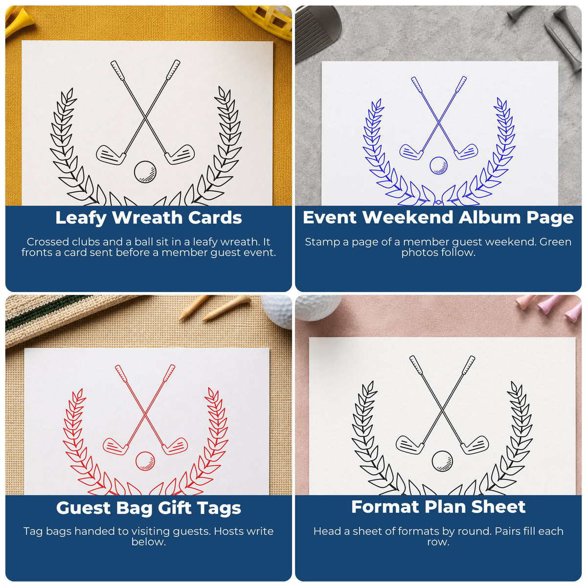 Four ways to use the Crossed Clubs Leafy Laurel Stamp – Duo Hand: leafy wreath cards, event weekend album page, guest bag gift tags and format plan sheet.