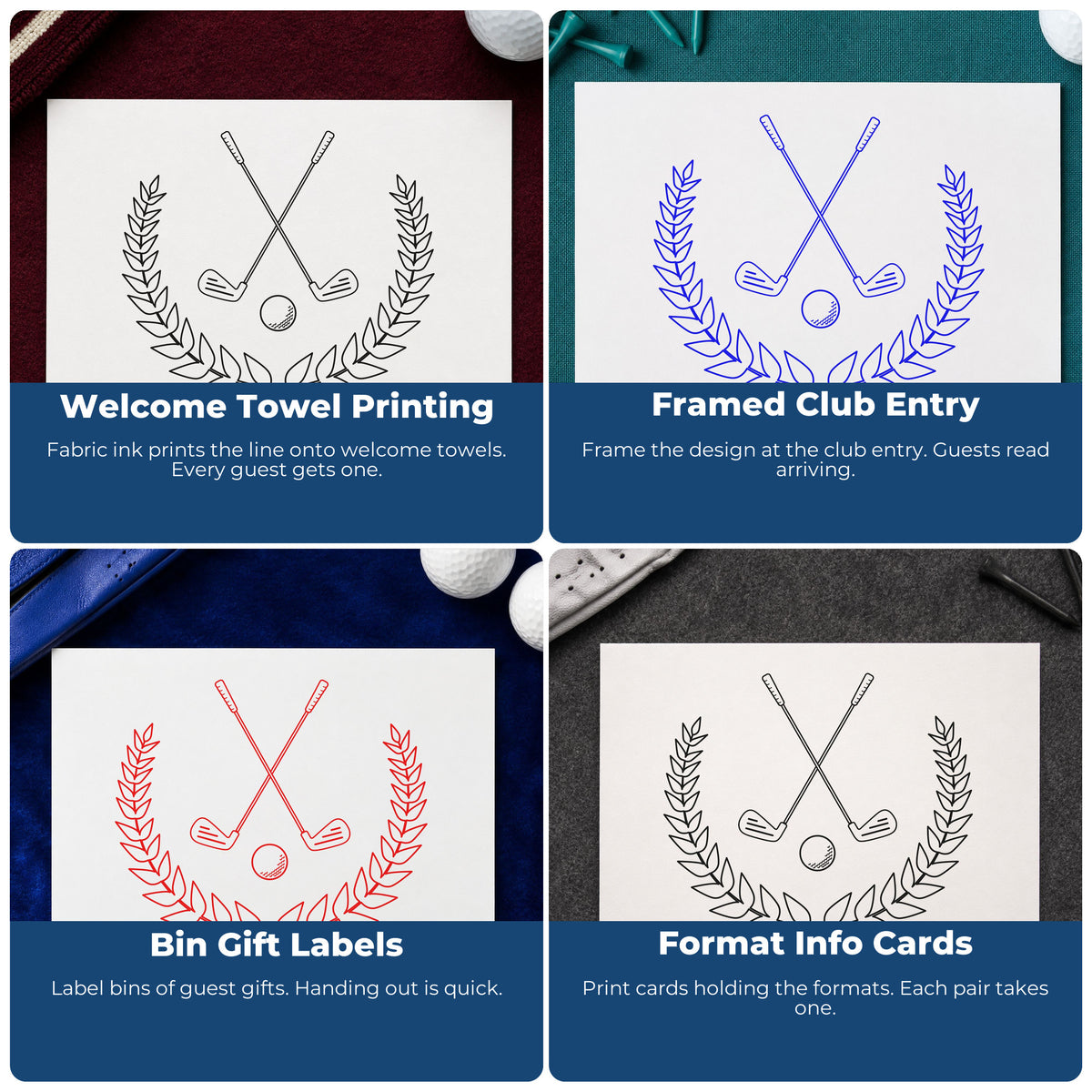 Four ways to use the Crossed Clubs Leafy Laurel Slim Pre-Inked Stamp: welcome towel printing, framed club entry, bin gift labels and format info cards.