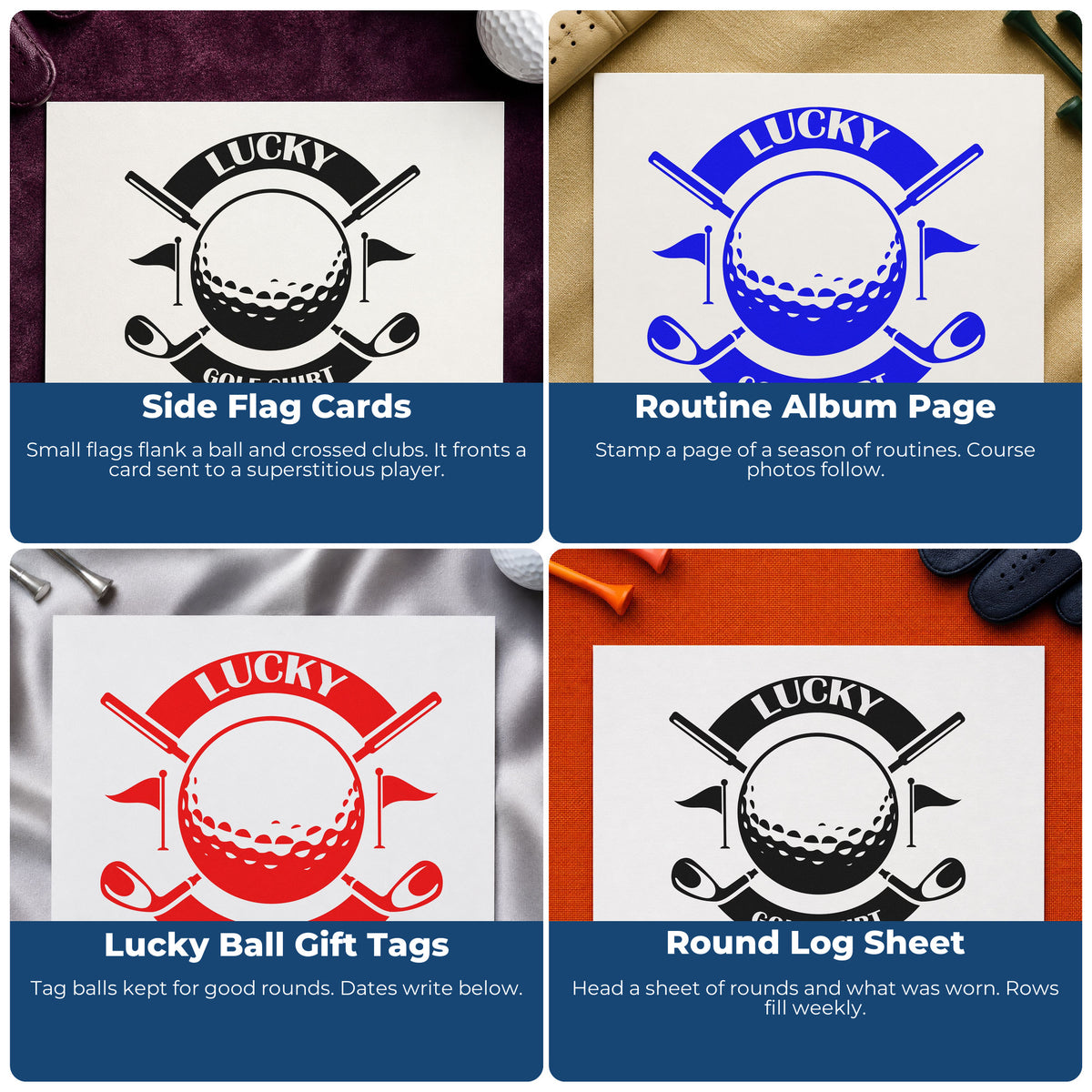 Four ways to use the Lucky Golf Shirt Badge Rubber Stamp – Duo Hand: side flag cards, routine album page, lucky ball gift tags and round log sheet.