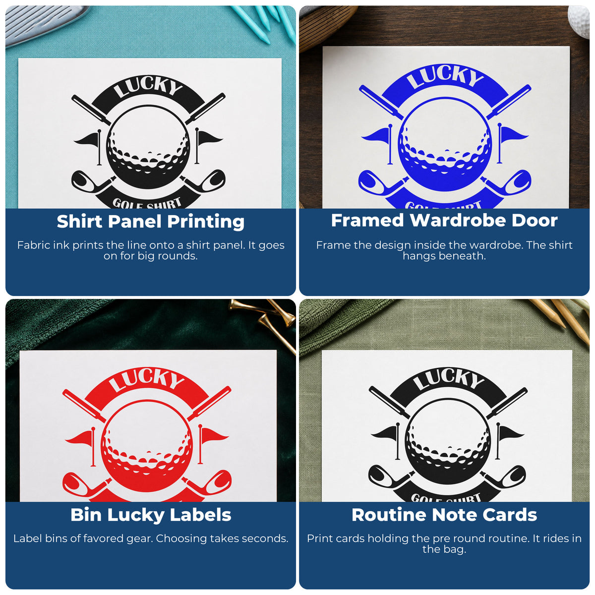 Four ways to use the Lucky Golf Shirt Badge Rubber Stamp – Duo Hand: shirt panel printing, framed wardrobe door, bin lucky labels and routine note cards.