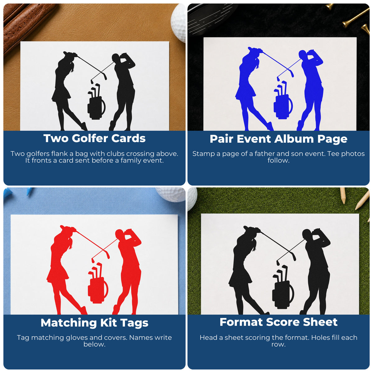 Four ways to use the Two Golfers And Bag Premium Wooden Stamp - Vintage Pro: two golfer cards, pair event album page, matching kit tags and format score sheet.