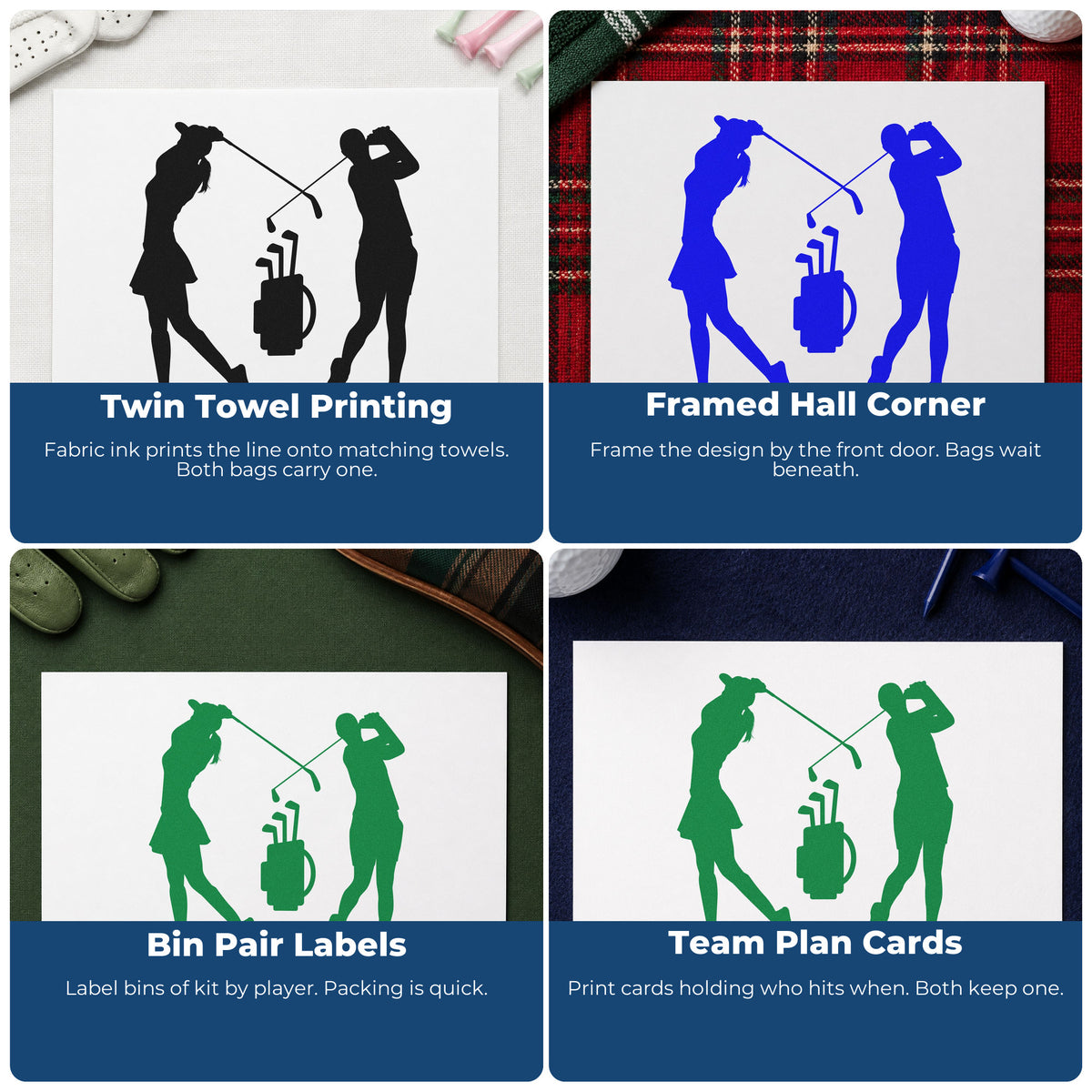 Four ways to use the Two Golfers And Bag Stamp – PSI Pre-Inked: twin towel printing, framed hall corner, bin pair labels and team plan cards.