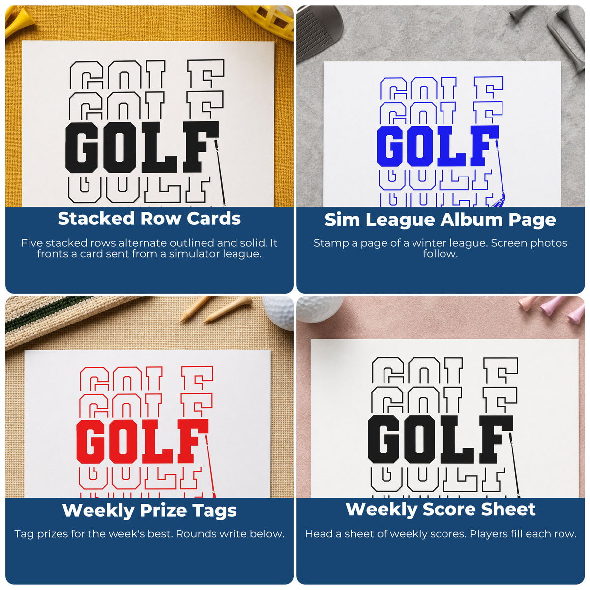 Four ways to use the Repeated Golf Block Lettering Rubber Stamp – Wood Handle: stacked row cards, sim league album page, weekly prize tags and weekly score sheet.
