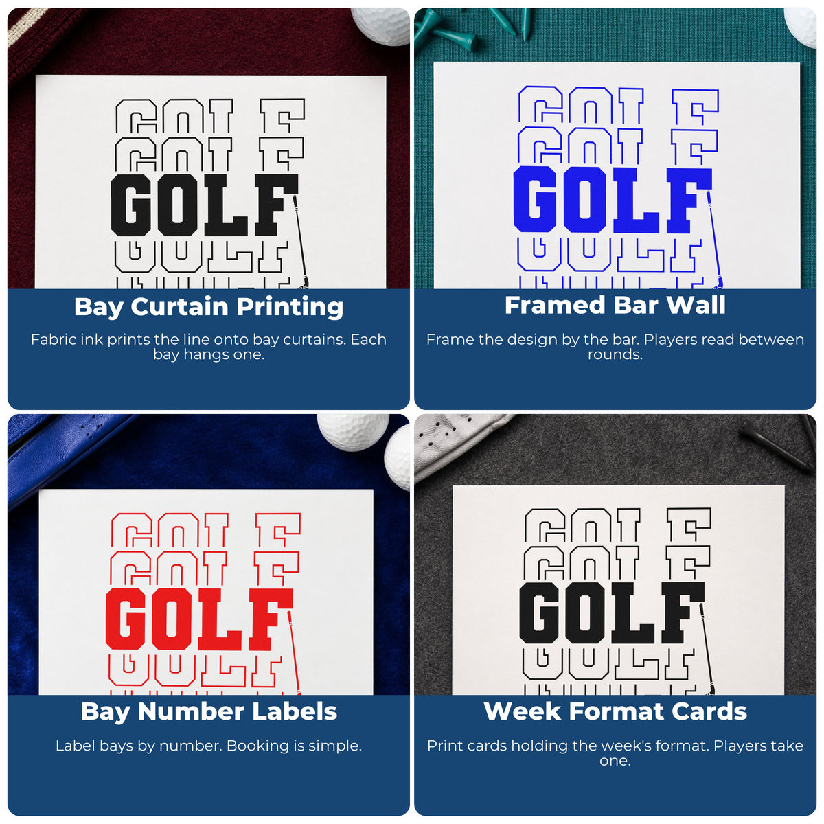 Four ways to use the Repeated Golf Block Lettering Rubber Stamp – Wood Handle: bay curtain printing, framed bar wall, bay number labels and week format cards.