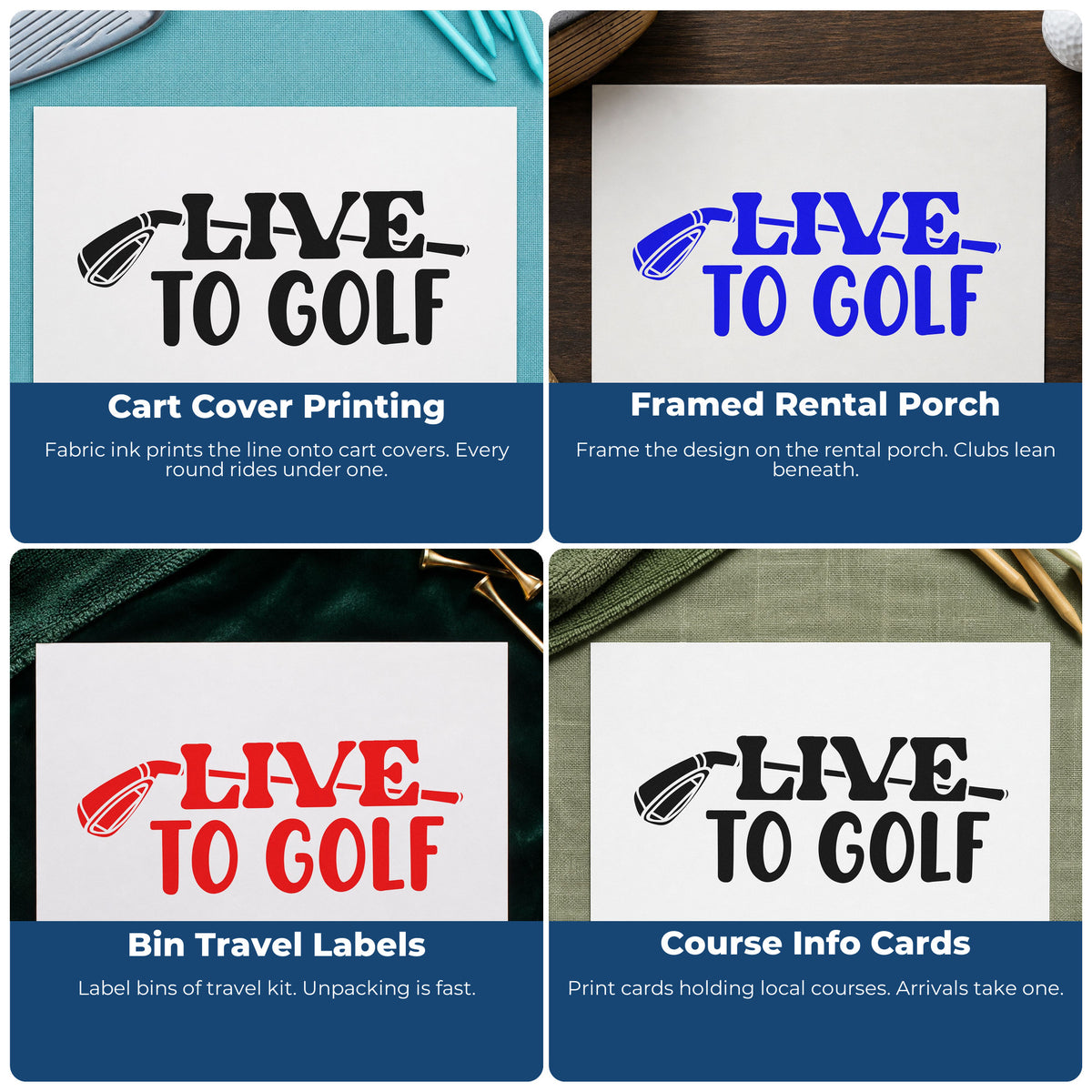 Four ways to use the Live To Golf Club Stamp - Premium Vintage Pro Wooden: cart cover printing, framed rental porch, bin travel labels and course info cards.