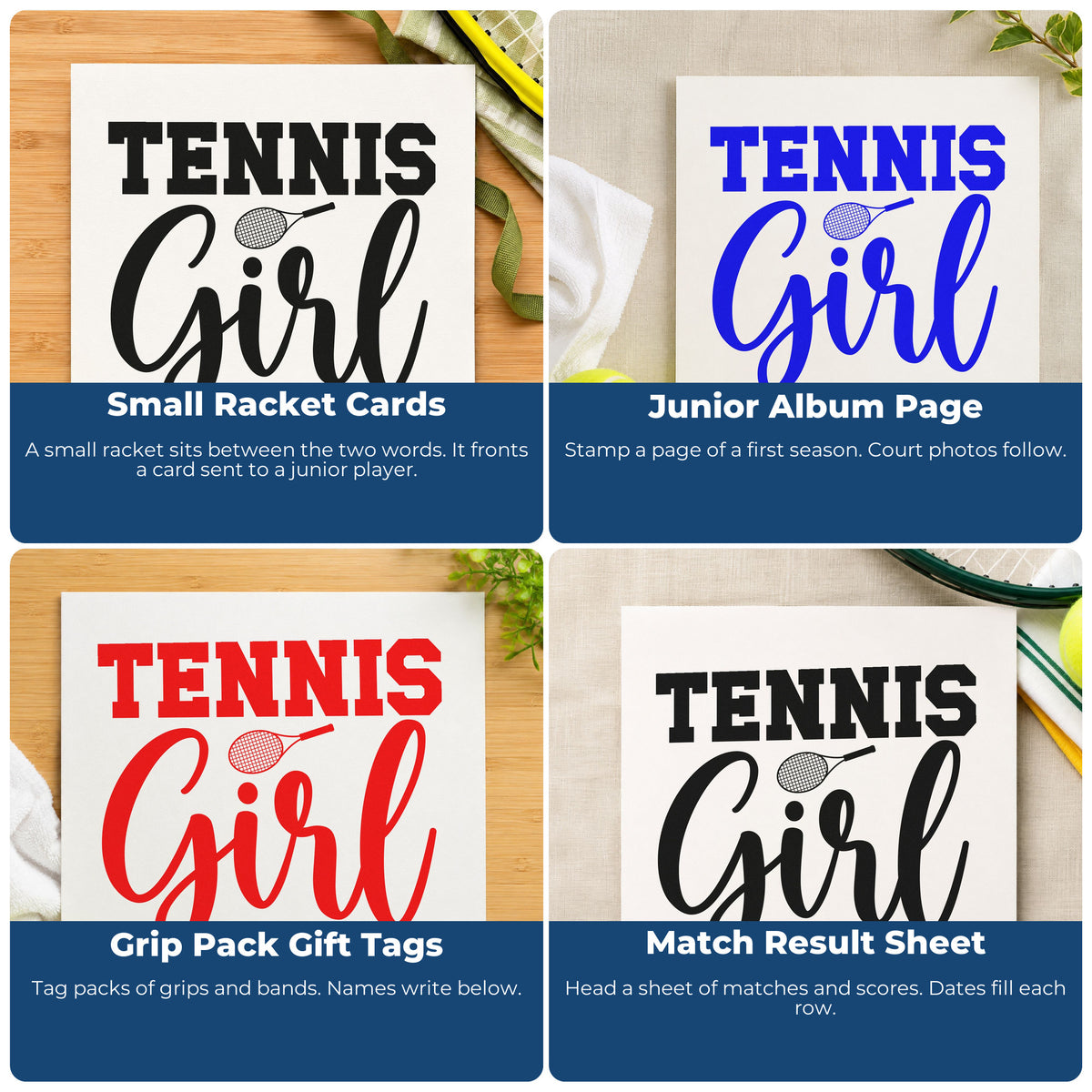 Four ways to use the Tennis Girl Racket Lettering Rubber Stamp – Wood Handle: small racket cards, junior album page, grip pack gift tags and match result sheet.