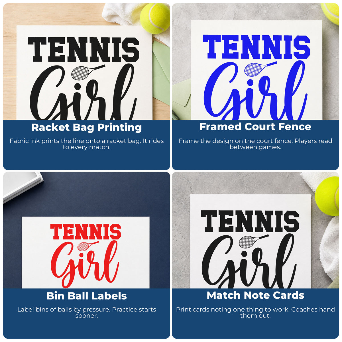Four ways to use the Tennis Girl Racket Lettering Pre-Inked Stamp – Slim: racket bag printing, framed court fence, bin ball labels and match note cards.
