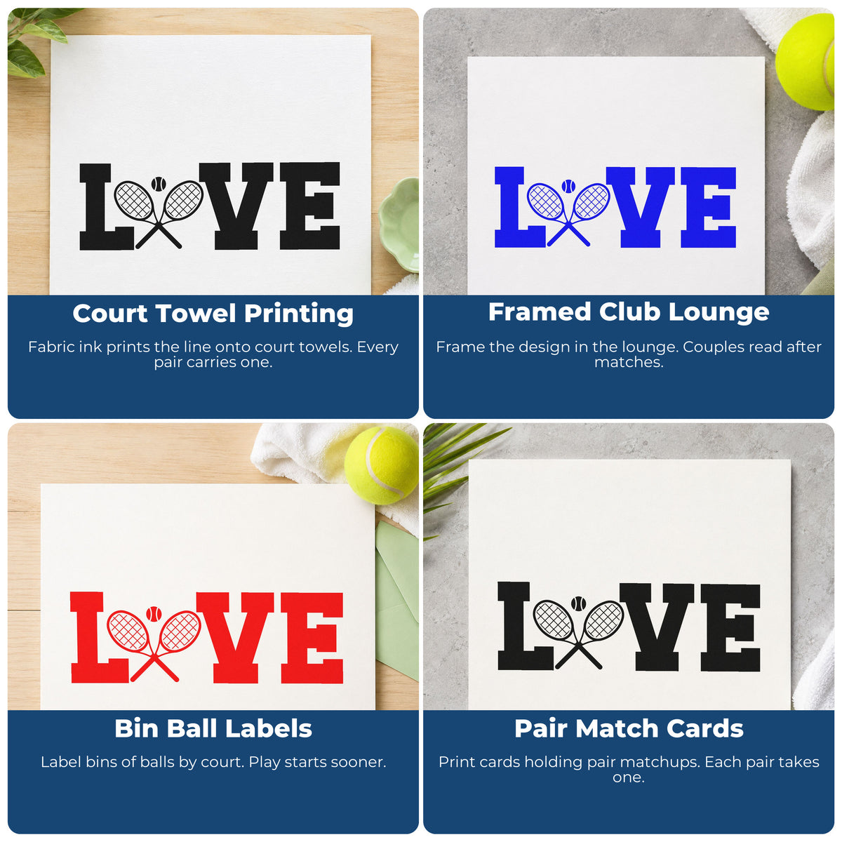Four ways to use the Love With Crossed Rackets Hand Stamp – Duo: court towel printing, framed club lounge, bin ball labels and pair match cards.