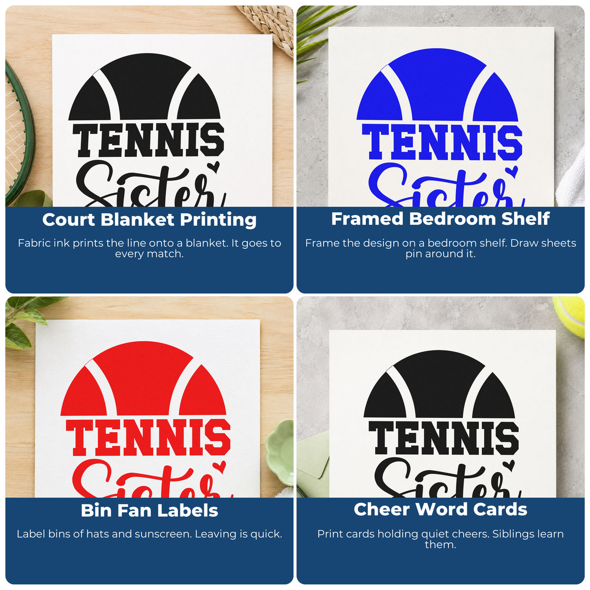 Four ways to use the Tennis Sister Half Ball With Hearts Pre-Inked Stamp – PSI: court blanket printing, framed bedroom shelf, bin fan labels and cheer word cards.