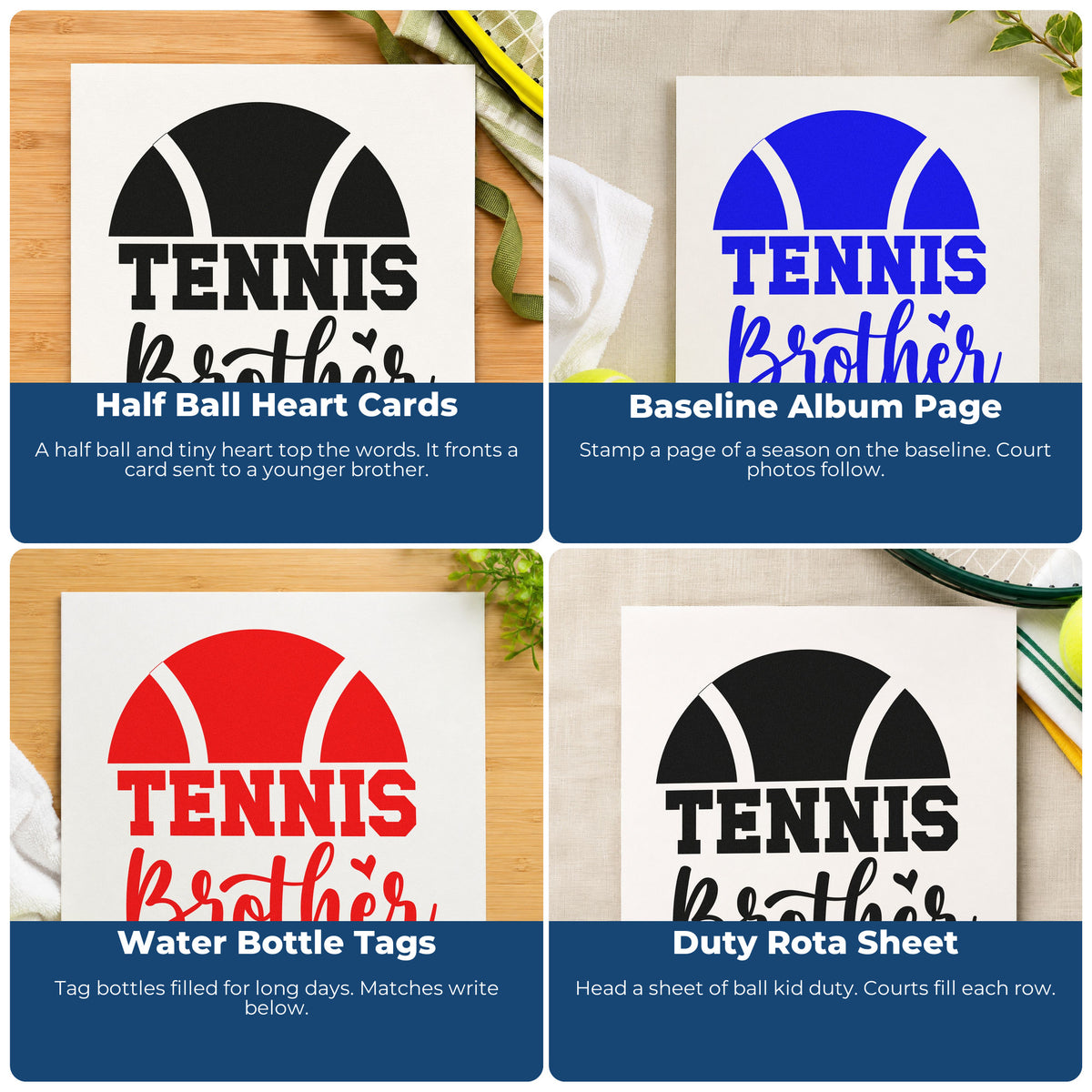 Four ways to use the Tennis Brother Half Ball Stamp – Self-Inking: half ball heart cards, baseline album page, water bottle tags and duty rota sheet.