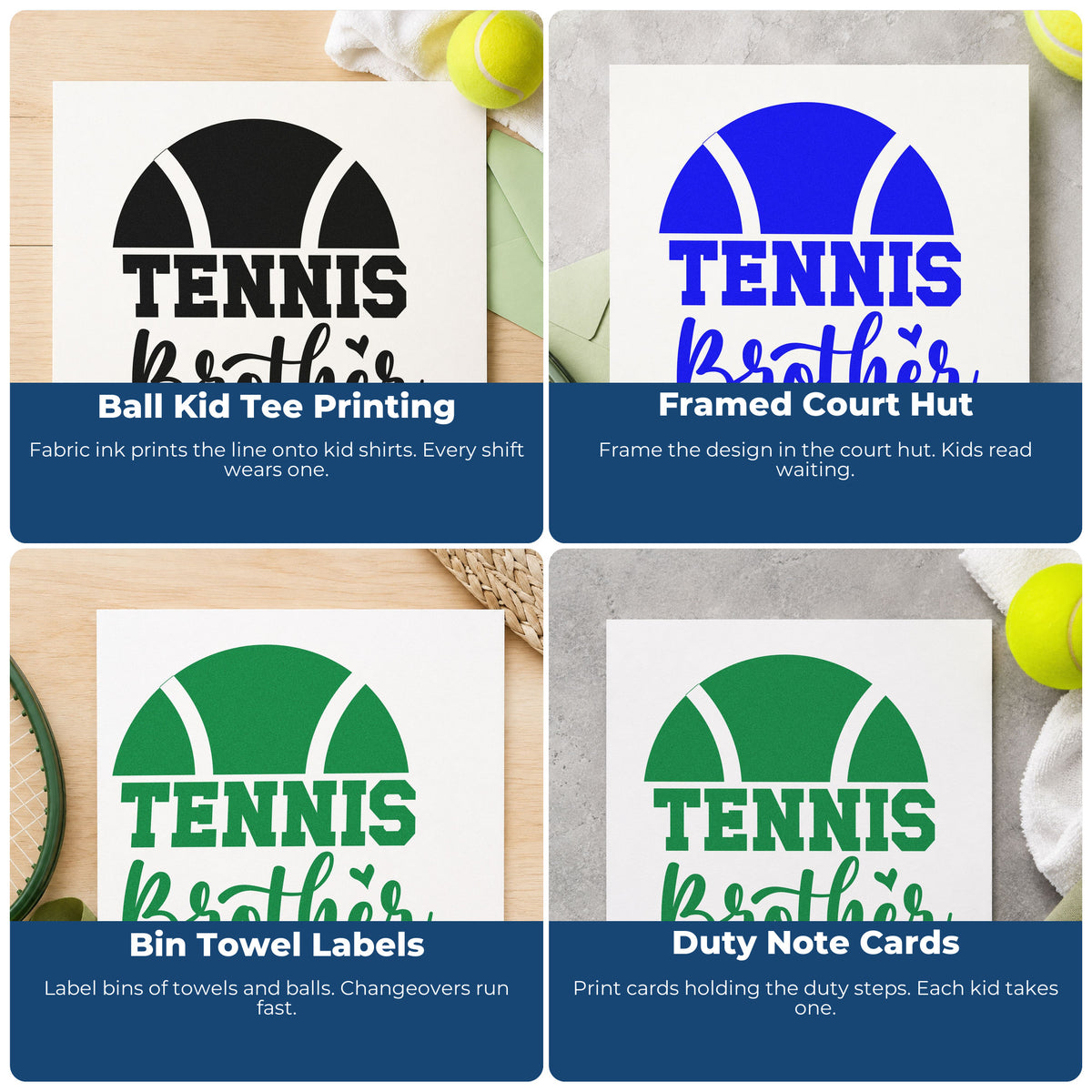 Four ways to use the Wood Handle Tennis Brother Half Ball Rubber Stamp: ball kid tee printing, framed court hut, bin towel labels and duty note cards.