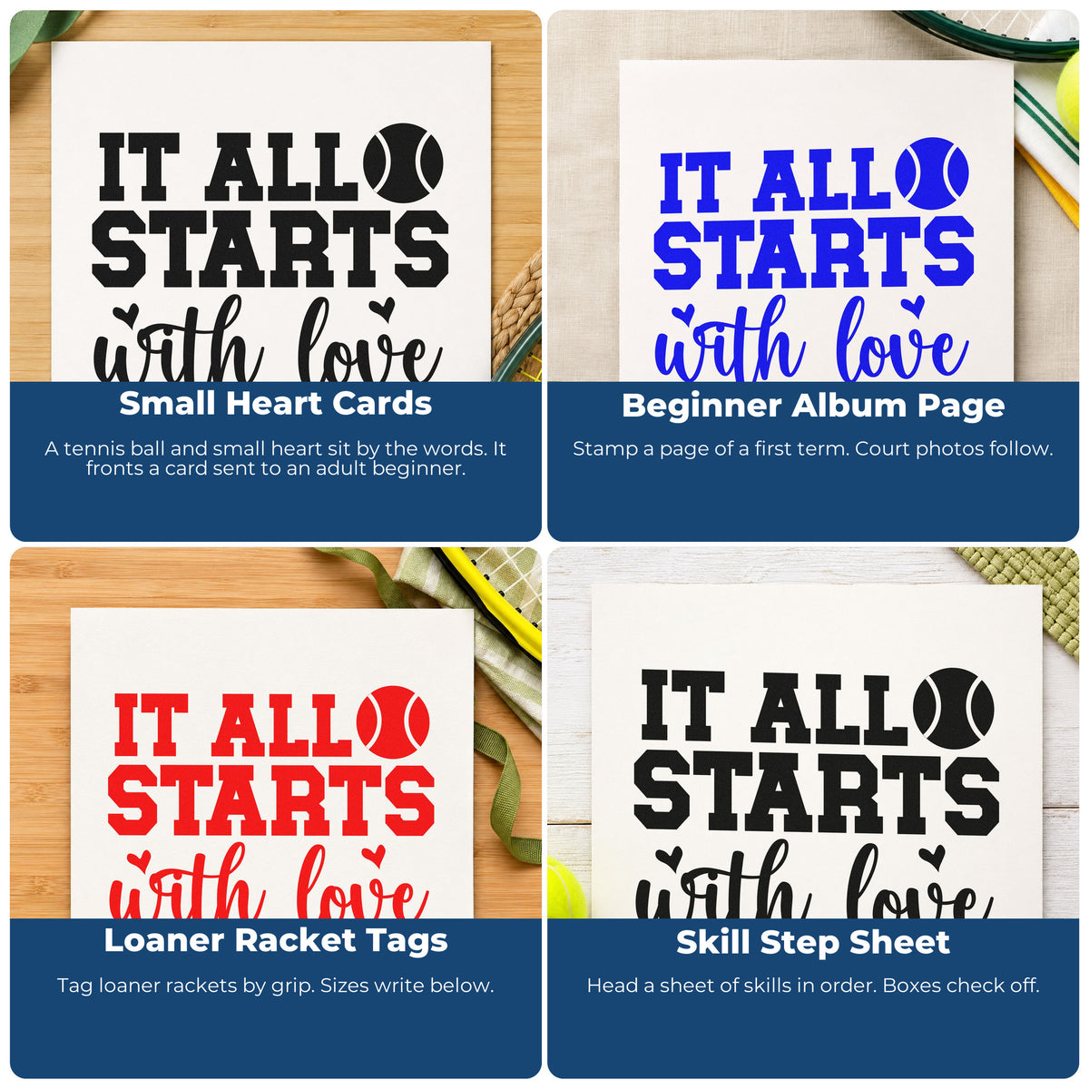 Four ways to use the It All Starts With Love Stamp - Premium Vintage Pro Wooden: small heart cards, beginner album page, loaner racket tags and skill step sheet.