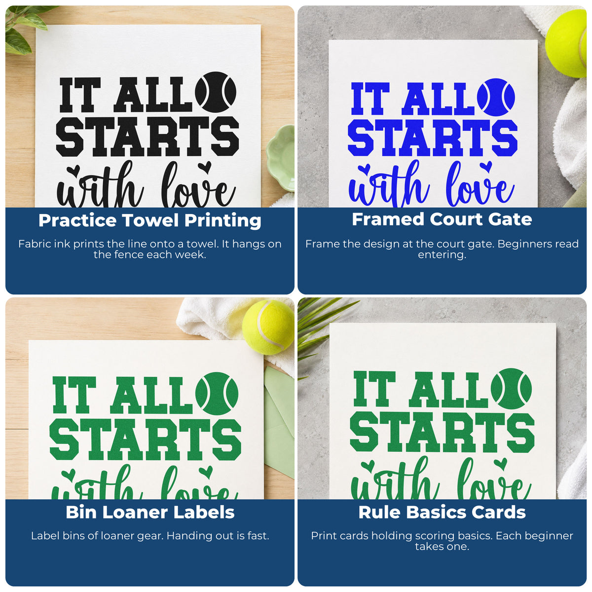 Four ways to use the It All Starts With Love Self-Inking Stamp: practice towel printing, framed court gate, bin loaner labels and rule basics cards.