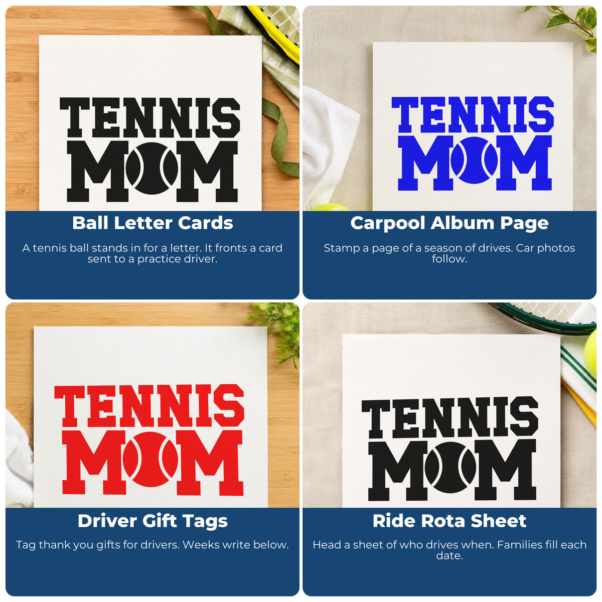 Four ways to use the Tennis Mom Ball Letter Wood Handle Stamp: ball letter cards, carpool album page, driver gift tags and ride rota sheet.
