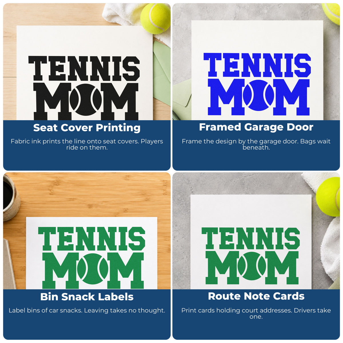 Four ways to use the Tennis Mom Ball Letter Wood Handle Stamp: seat cover printing, framed garage door, bin snack labels and route note cards.