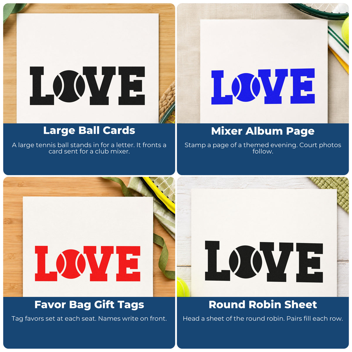 Four ways to use the Love With Tennis Ball Center Premium Wood-Mounted Stamp - Vintage Pro: large ball cards, mixer album page, favor bag gift tags and round robin sheet.
