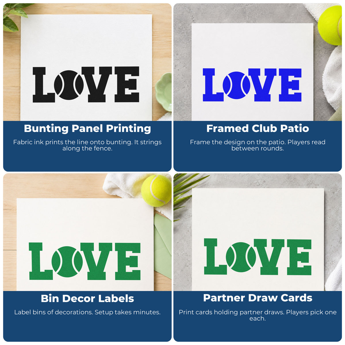 Four ways to use the Love With Tennis Ball Center Rubber Stamp – Wood Handle: bunting panel printing, framed club patio, bin decor labels and partner draw cards.