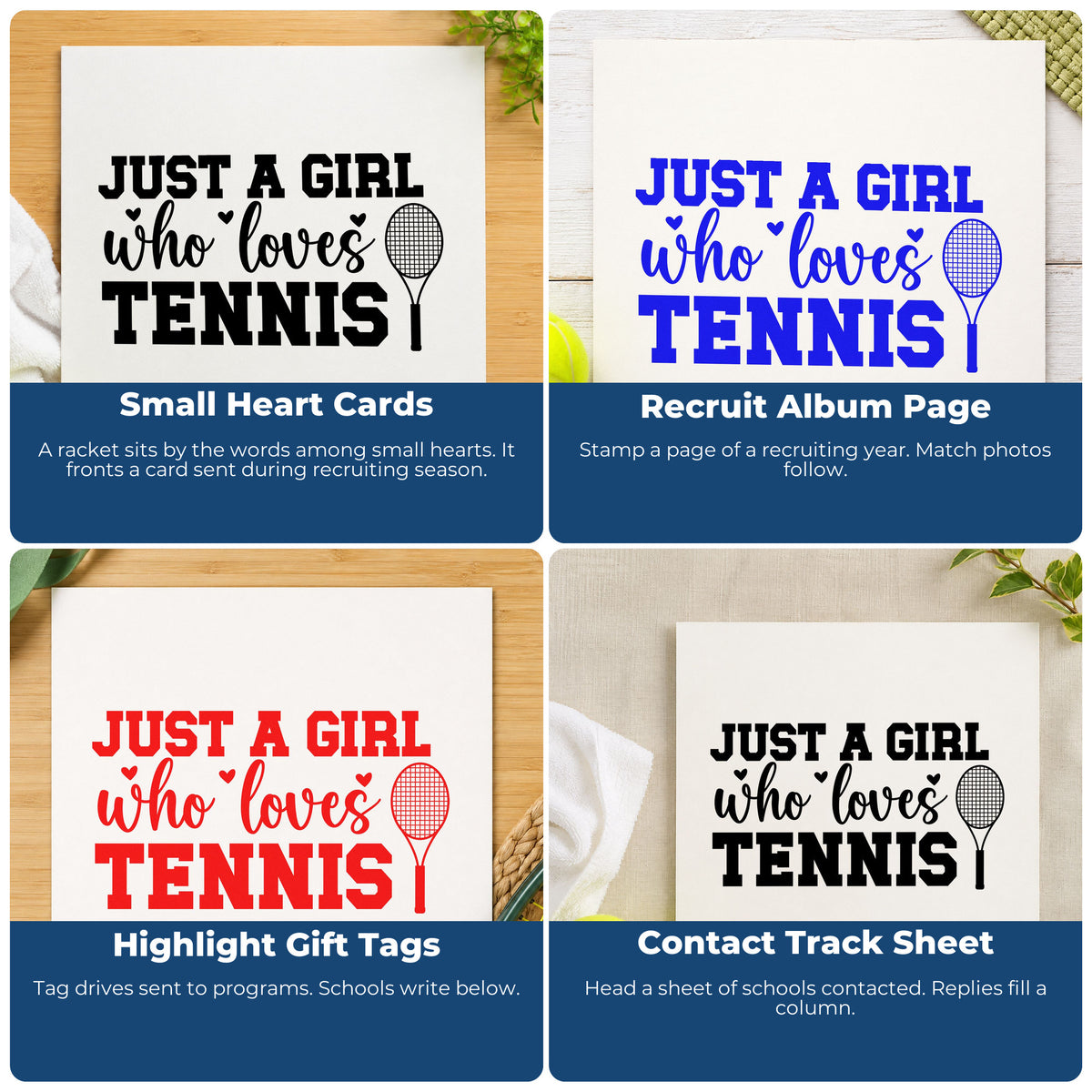 Four ways to use the Just A Girl Who Loves Tennis Compact Pre-Inked Stamp – Slim: small heart cards, recruit album page, highlight gift tags and contact track sheet.