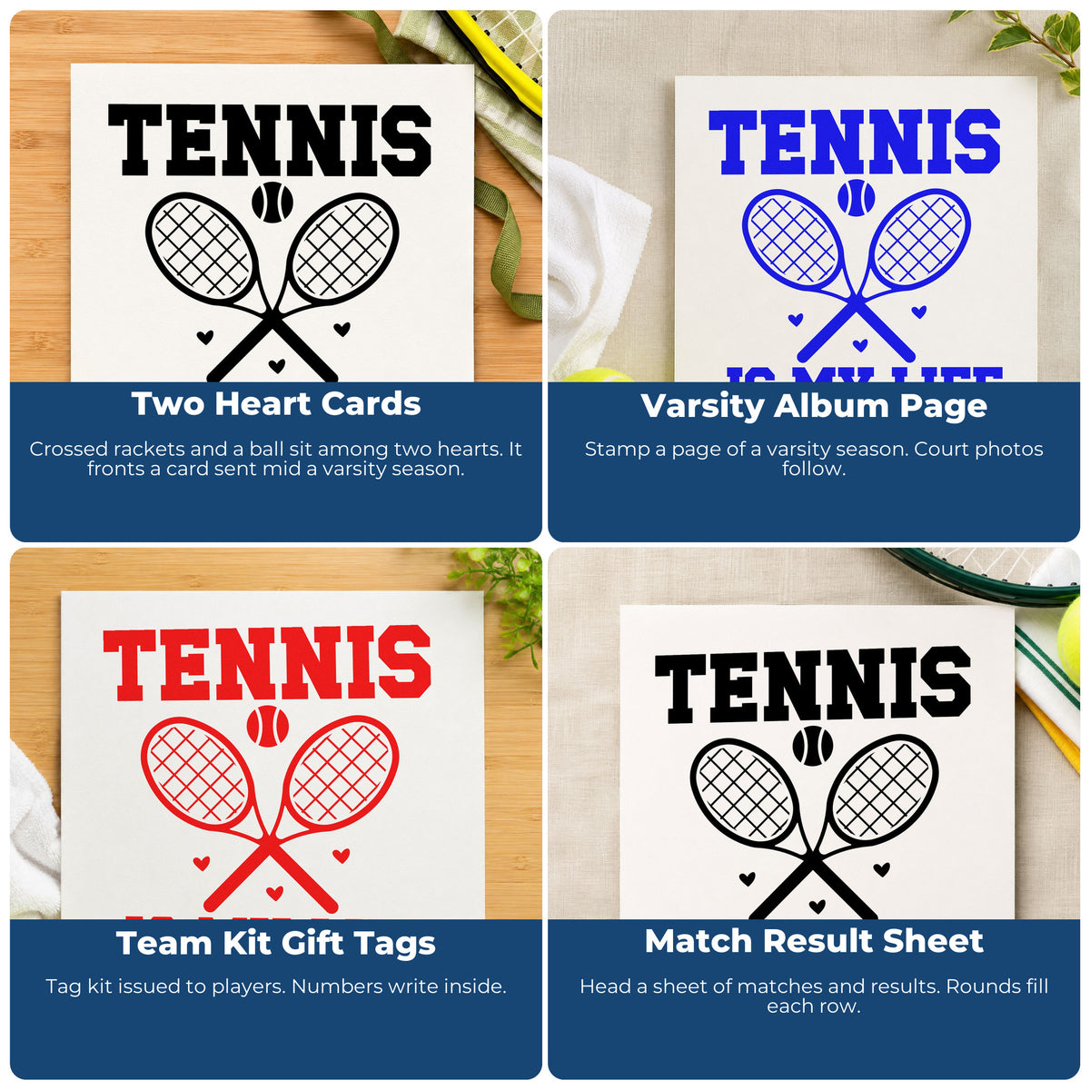 Four ways to use the Tennis Is My Life Duo Hand Stamp: two heart cards, varsity album page, team kit gift tags and match result sheet.