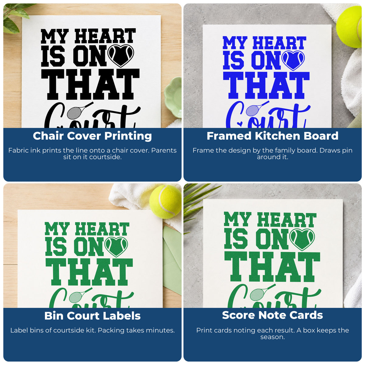 Four ways to use the Tennis Heart On The Court With Racket Pre-Inked Stamp – PSI: chair cover printing, framed kitchen board, bin court labels and score note cards.
