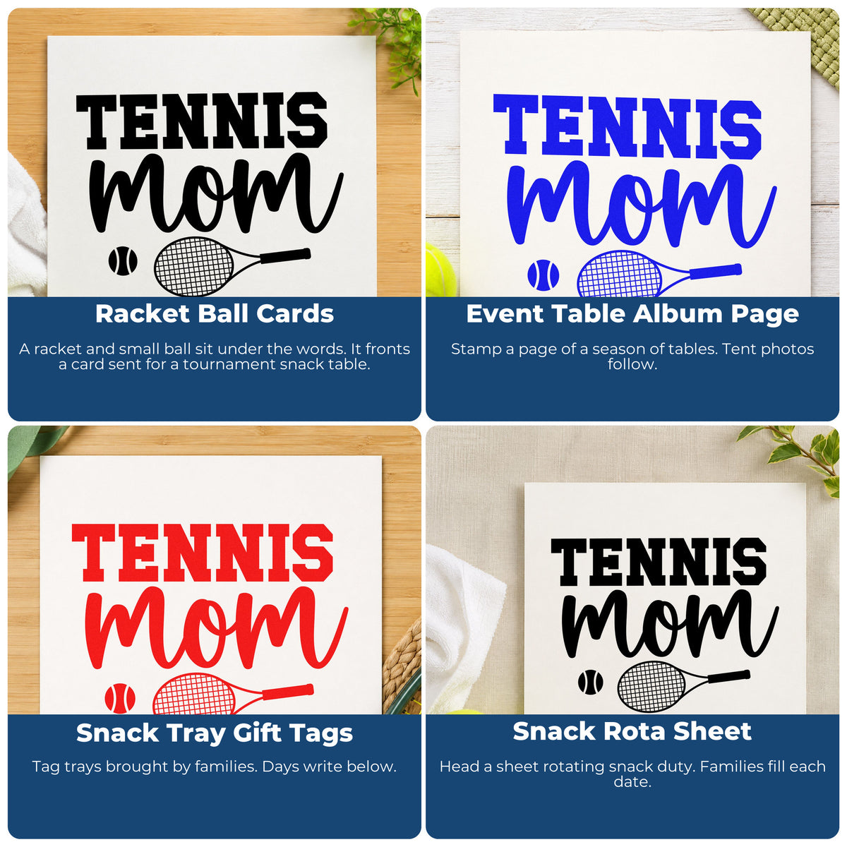 Four ways to use the Racket And Ball Tennis Mom Pre-Inked Stamp – Slim: racket ball cards, event table album page, snack tray gift tags and snack rota sheet.