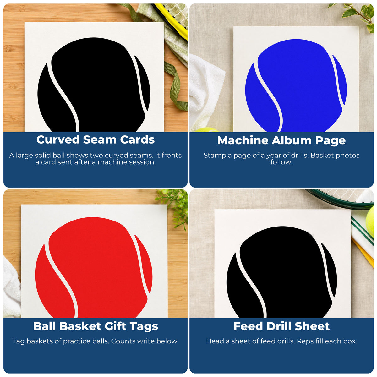 Four ways to use the Tennis Ball With Curved Cutout Seams Stamp – Duo Hand: curved seam cards, machine album page, ball basket gift tags and feed drill sheet.