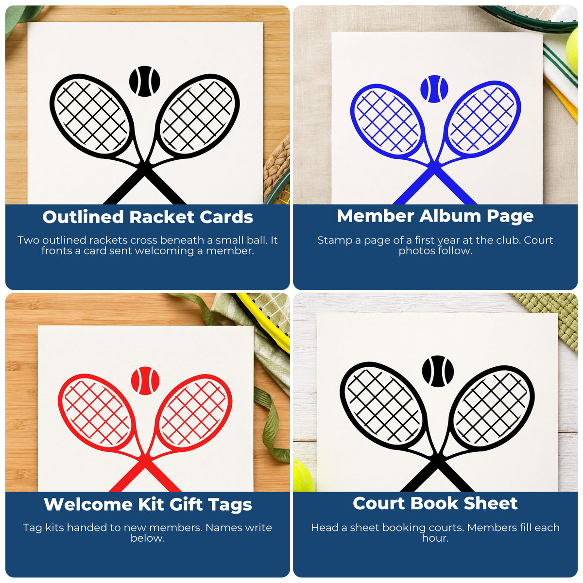Four ways to use the Tennis Racket Pair And Ball Pre-Inked Stamp – Slim: outlined racket cards, member album page, welcome kit gift tags and court book sheet.