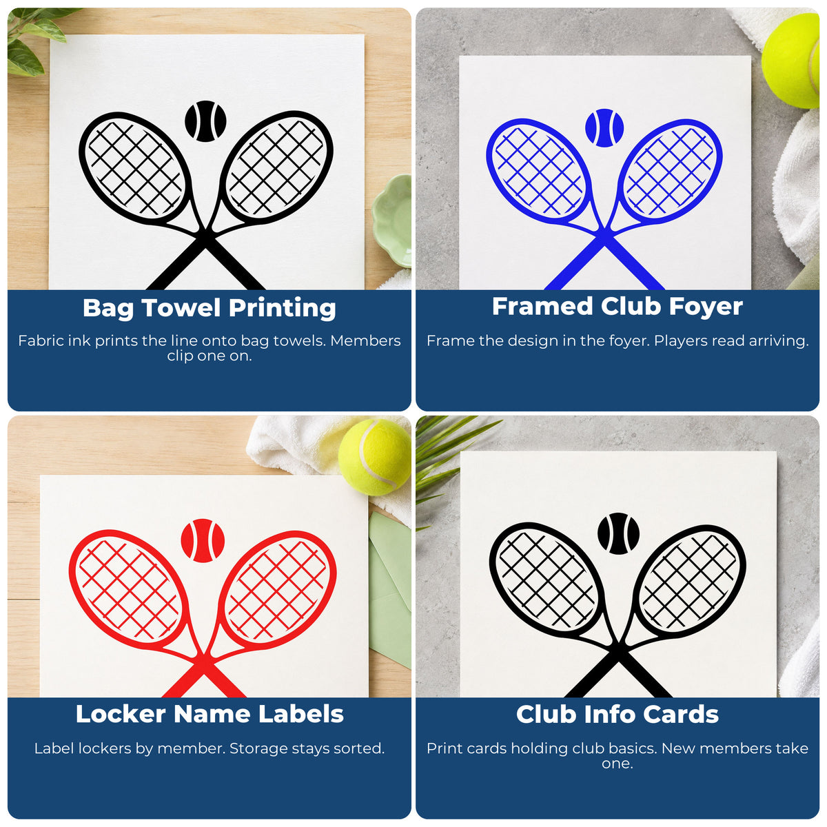 Four ways to use the Tennis Racket Pair And Ball Pre-Inked Stamp – Slim: bag towel printing, framed club foyer, locker name labels and club info cards.