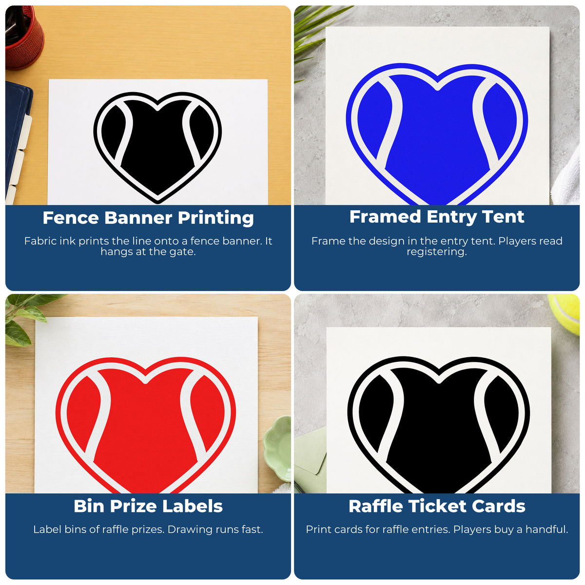 Four ways to use the Premium Wooden Tennis Ball Heart Line Art Stamp - Vintage Pro: fence banner printing, framed entry tent, bin prize labels and raffle ticket cards.