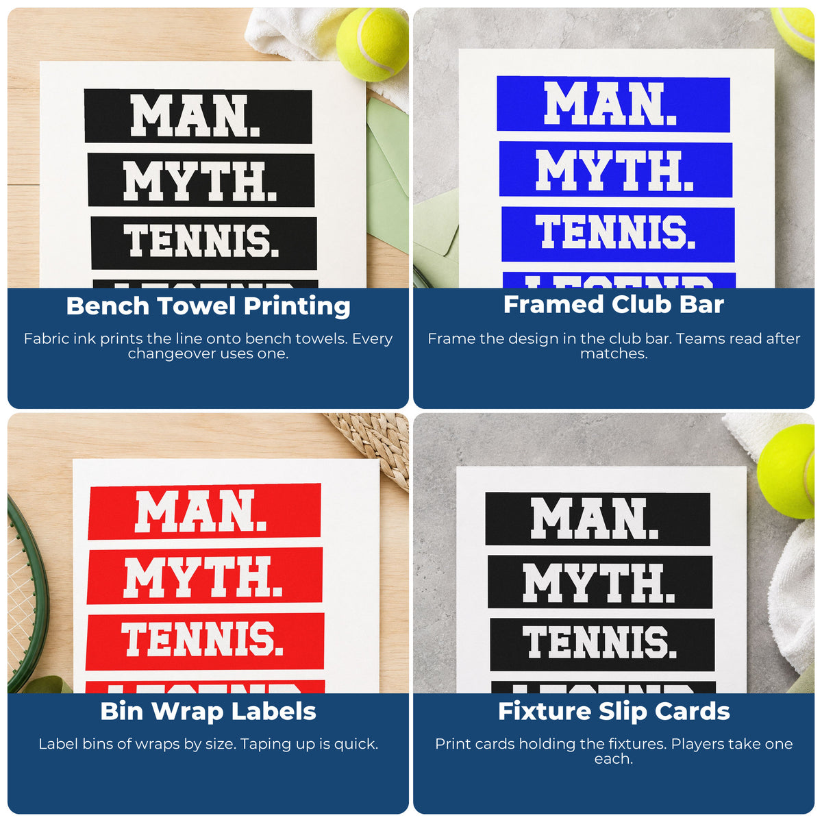 Four ways to use the Man Myth Tennis Legend Premium Wood-Mounted Stamp - Vintage Pro: bench towel printing, framed club bar, bin wrap labels and fixture slip cards.